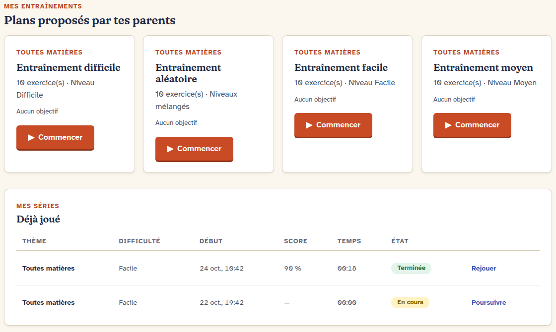 Espace enfant : quatre plans d’entraînement proposés par les parents, et la liste des séries déjà jouées avec leur score et leur état.